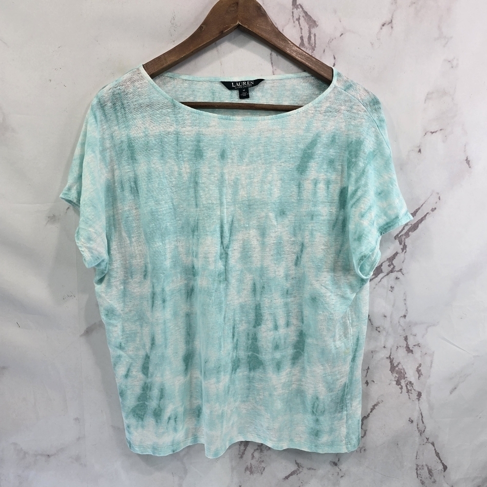 Lauren Ralph Lauren Top Womens Medium Blue Tie Dye Linen Short Sleeve Tee T